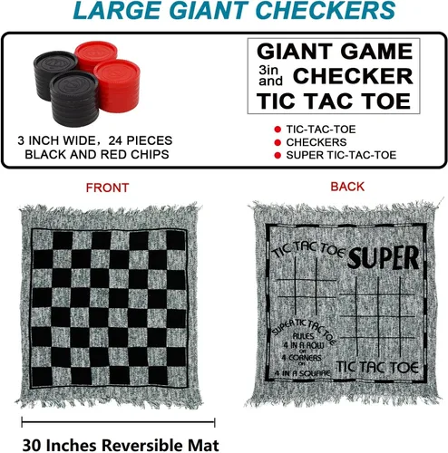 Miniatura 2 de Win SPORTS Juego de damas gigantes 3 en 1, Super Tic Tac Toe, incluye alfombra reversible con 24 damas, actividad interior y exterior para niños