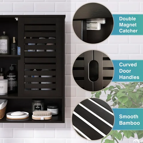 Miniatura 6 de SMIBUY Armario de baño montado en la pared, organizador de almacenamiento de bambú sobre el inodoro, botiquín ahorrador de espacio con 2 puertas
