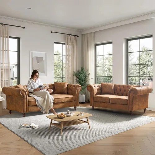 Miniatura 15 de Chesterfield Tech - Sofá biplaza de tela de 66 pulgadas, tapizado de tela de alta tecnología, con brazos enrollados, moderno de mediados de siglo