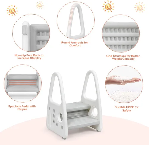 Miniatura 3 de Costzon Taburete para niños, escalera para entrenamiento de inodoro, encimera de cocina, baño, torre de dos escalones con diseño antideslizante, Gris