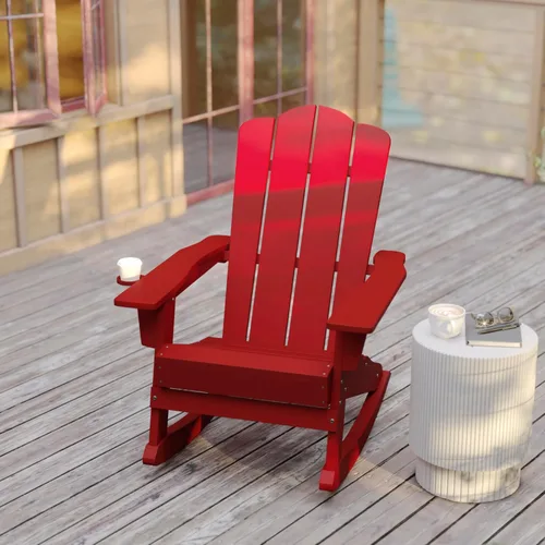 Miniatura 5 de Flash Furniture Newport Adirondack - Silla mecedora con soporte para tazas, resistente a la intemperie, de poliresina Adirondack, color rojo