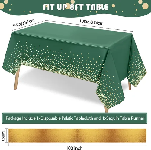 Miniatura 5 de Set de mantel y camino de mesa de lentejuelas Tudomro, 54 x 108 pulgadas con lunares y confeti, mantel de plástico brillante para fiestas de Verde