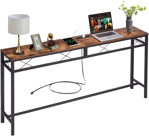 Miniatura 10 de VECELO Mesa de consola angosta extra larga de 71 pulgadas con estación de carga, toma de corriente y puertos USB, para entrada, sala de estar, Gris