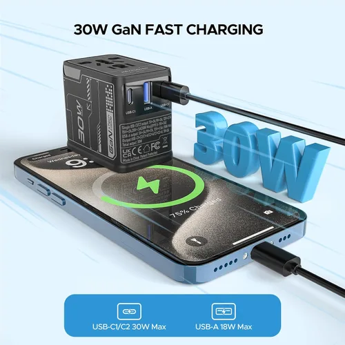 Miniatura 4 de Adaptador de viaje universal de 30 W GaN, KEY POWER Adaptador de corriente internacional todo en uno con 2 USB-C y 1 USB-A, convertidor de enchufe
