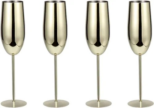 Copas de champán de acero inoxidable, juego de 4 copas de vino irrompibles de 9.5 onzas, copas elegantes de tallo para tostadas a mano, para bodas,