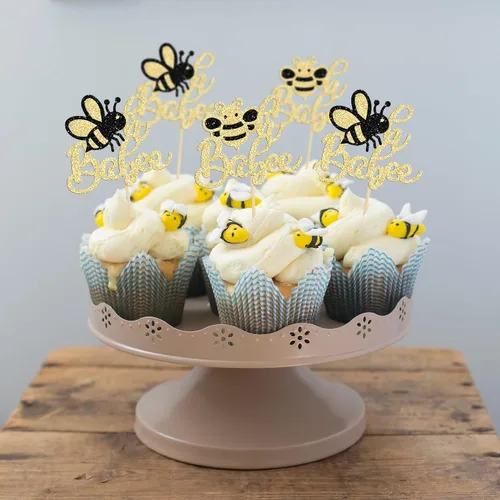Miniatura 6 de 24 piezas de adornos para cupcakes de abejorro con purpurina Oh Babee Oh Baby para cupcakes, decoraciones para baby shower con tema de abejas