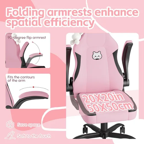 Miniatura 8 de Silla de juegos rosa, silla ergonómica de escritorio de oficina con soporte lumbar, silla de computadora con reposabrazos abatibles, cómoda silla