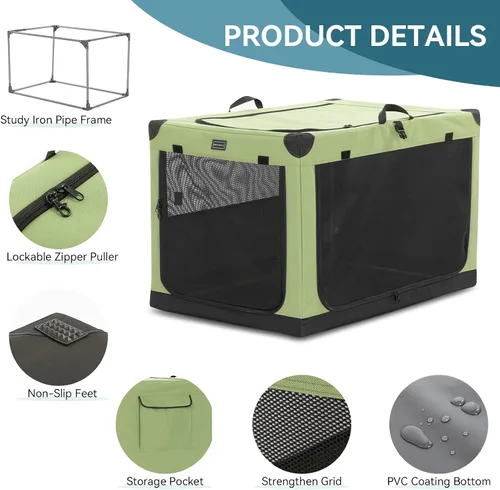 Miniatura 8 de PETSFIT Jaula para perros suave y portátil de 40 pulgadas, marco resistente en espiral, plegable, para perros grandes, 3 puertas de malla, Verde