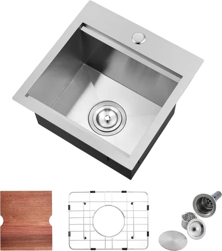 Fregadero de cocina desplegable de 15 x 15 pulgadas, fregadero de cocina de acero inoxidable calibre 16, fregadero compacto de montaje superior para