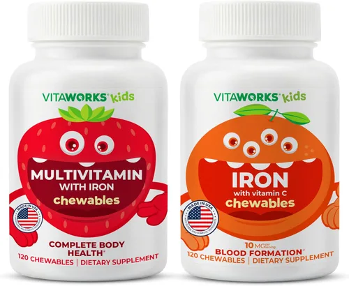 VitaWorks Masticables multivitamínicos para niños + hierro 10 mg + paquete de masticables de vitamina C