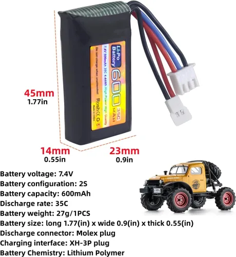 Miniatura 2 de Batería Lipo de 7.4 V 600 mAh 35C 2S con enchufe Molex para FMS FCX24 RC coche, camión, vehículo eléctrico de escalada FCX24 batería FCX24