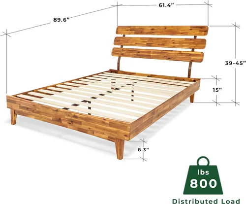 Miniatura 6 de Bme Caden Base de cama de lujo de 15 pulgadas con cabecera ajustable, estilo de mediados de siglo con madera de acacia, no necesita somier, soporte