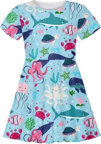 RAISEVERN Vestido de manga corta para niña, estampado 3D, falda casual para fiesta temática de vacaciones, 2-9T
