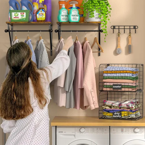 Miniatura 4 de Estantes para lavandería montados en la pared con cestas de alambre, estante sobre la lavadora y secadora con estante para secar ropa, estantes