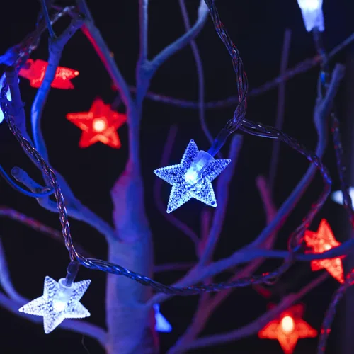 Miniatura 7 de Luces solares rojas, blancas y azules, 4 de julio, tira de luces de estrella decorativa con 100 luces LED solares de jardín, 51 pies, impermeables
