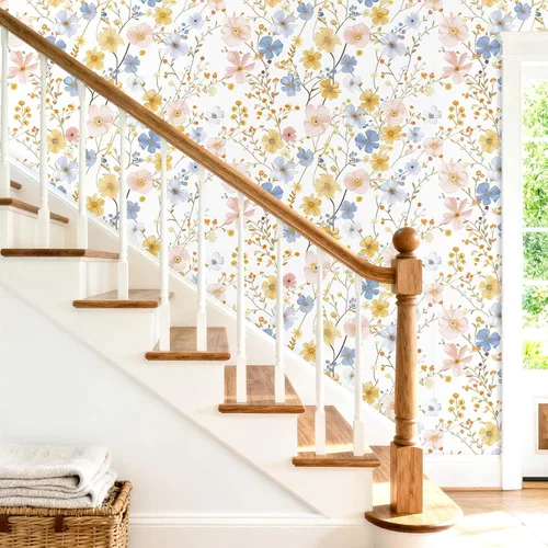 Miniatura 8 de FunStick Papel tapiz floral de acuarela para despegar y pegar, papel tapiz de flores silvestres extraíble, prepegado, blanco, azul, amarillo, rosa