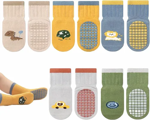 BRATAA Toddlers No Slip Socks 5 Pairs-Cartoon Baby Little Boys Girls Socks with Grips Crew Length Slipper Socks