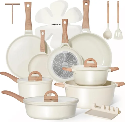 Juego de ollas y sartenes antiadherentes, no tóxicos, 22 piezas de utensilios de cocina de cerámica, ollas y sartenes antiadherentes con tapa,