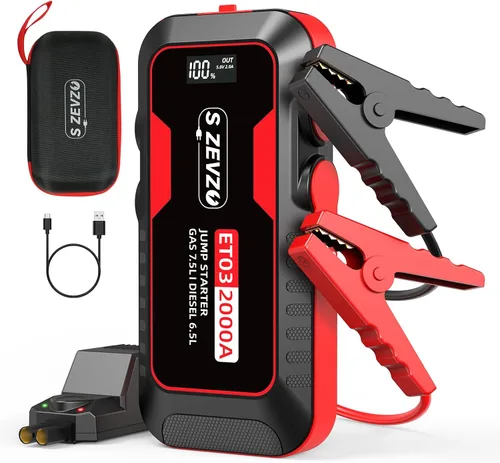 S ZEVZO ET03 Arrancador de Coche 2000A, Paquete de Batería de Arranque para hasta 7.5 L de Gas y 6.5 L de Diésel, Caja de Arranque Portátil de 12V