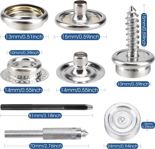 Miniatura 3 de Kit de 150 piezas de lona a presión con 2 herramientas de ajuste – Kit de cierre de botón de lona de acero inoxidable de grado marino de 3/8