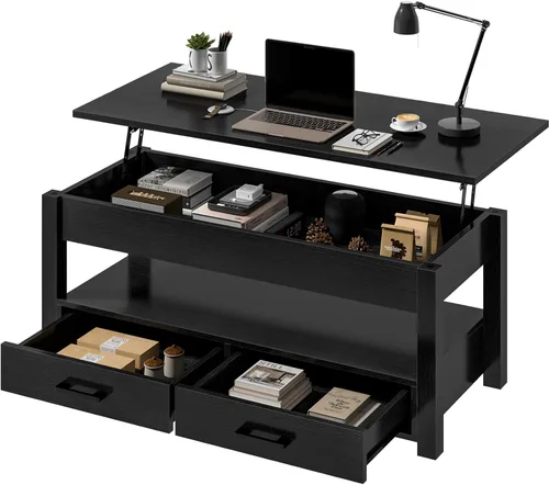 Miniatura 3 de FABATO Mesa auxiliar elevable de 41.7 pulgadas con 2 cajones de almacenamiento con compartimento oculto, estante de almacenamiento abierto para sala