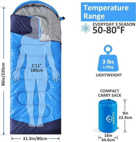 Miniatura 2 de Oaskys - Saco de dormir para acampar, para 3 estaciones, clima cálido y fresco, verano, primavera, otoño, ligero, resistente al agua, para adultos