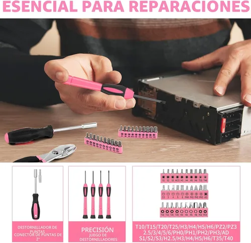 Miniatura 4 de Kit de herramientas de 144 piezas, color rosa, juego de herramientas básicas de reparación del hogar, kit de herramientas manuales para el hogar