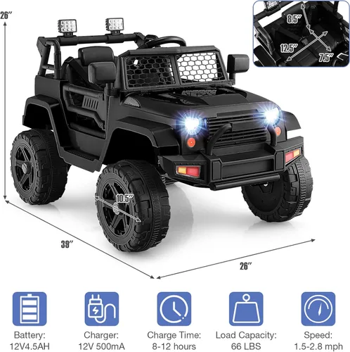 Miniatura 7 de HONEY JOY - Camión de paseo de 12 V con control remoto, suspensión de resorte, faros, música, parabrisas de malla, autos eléctricos para niños