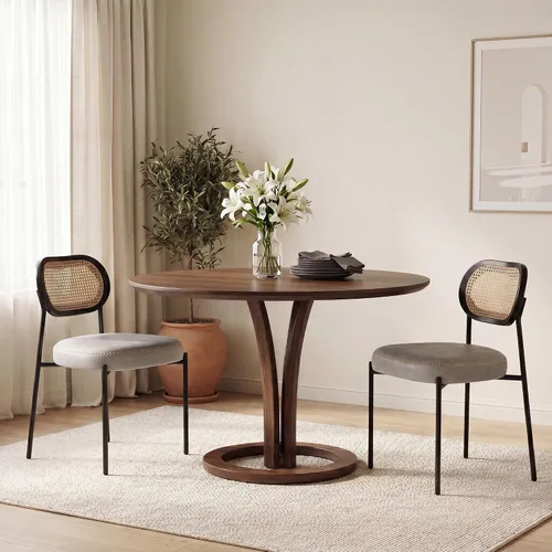 Juego de 2 sillas de comedor de ratán, sillas de comedor tapizadas de cuero beige con respaldo de caña de ratán, sillas de comedor modernas de