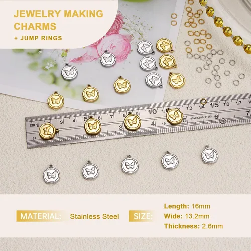 Miniatura 3 de 10pcs Gold Plated Stainless Steel Charms + 10pcs Steel Color Butterfly Charm Pendant Bulk with 40pcs Jump Rings