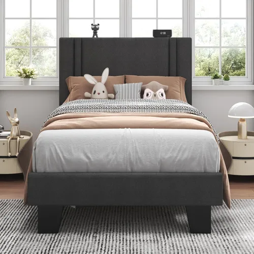 Feonase - Base de cama de tamaño individual con plataforma tapizada, base de cama tapizada con respaldo abatible, listones de madera maciza y Gris
