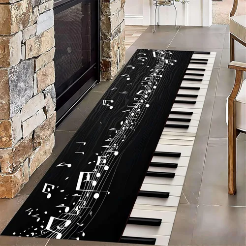 Alfombra de pasillo de piano, 2 x 7 pies, retro, teclado de piano blanco y negro, tapete antideslizante para interiores, para amantes de la música,