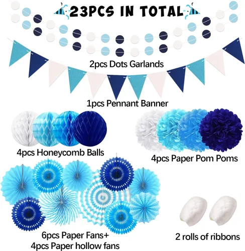 Miniatura 2 de 23 piezas de decoraciones de fiesta de cumpleaños azules para niños y hombres, bola de panal azul marino real azul claro, abanicos de papel