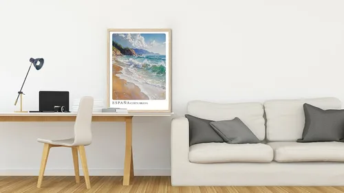 Miniatura 3 de Sea - Arte de pared abstracto con marco de playa de madera de roble, arte de pared de 8 x 10 pulgadas, póster retro español de ciudad, impresión