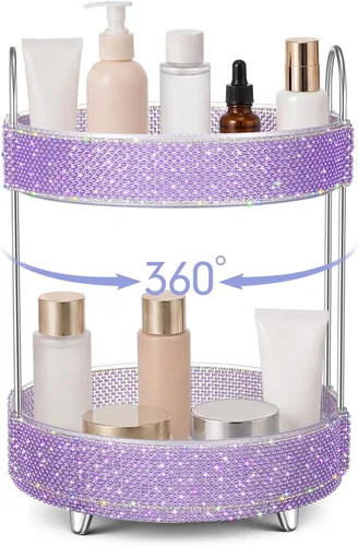 Miniatura 8 de Honeydak - Organizador de perfume giratorio de 360 grados, regalo para mujeres, organizador de cuidado de la piel con diamantes de imitación