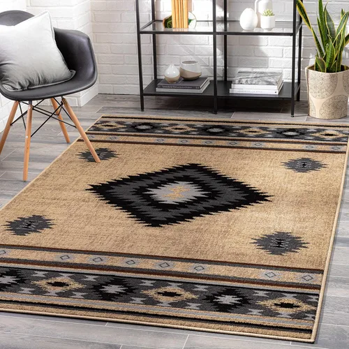 Hoylake Southwestern - tapete estilo tribal, azteca, indio americano e indie, felpudo, pequeño, marrón, gris, negro, 1 pie y 10 pulgadas por 2 pies