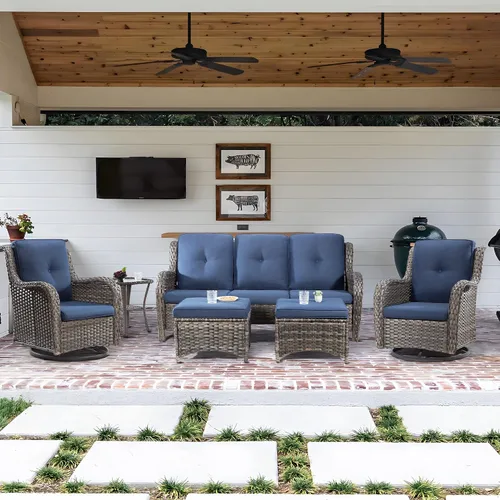 Miniatura 64 de Juego de 2 sillas de patio giratorias de 360 grados para exteriores y mesa auxiliar a juego – 3 sillas deslizantes de mimbre para patio con cojines