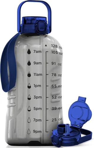 Miniatura 17 de AQUAFIT Botella de agua de 128 onzas con marcador de tiempo, popote 2 en 1 y tapa para beber, botella de agua grande para gimnasio sin BPA