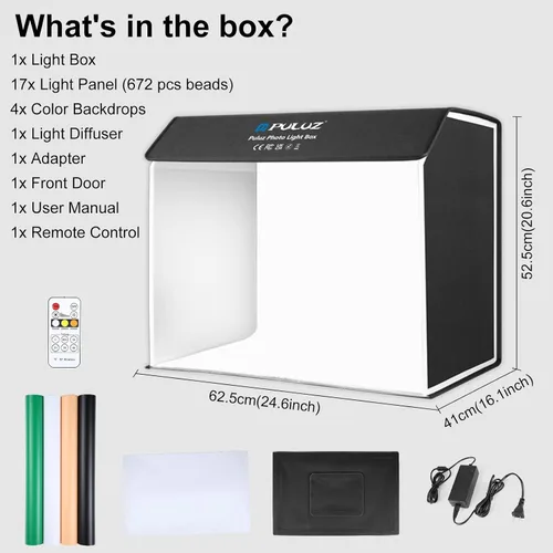 Miniatura 8 de PULUZ Caja de luz portátil para estudio fotográfico, caja de fotos grande de 24.6 x 16 pulgadas, kit de estudio profesional regulable con 672 luces