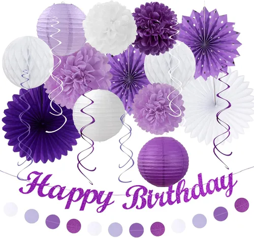 Miniatura 18 de Paquete de decoración de fiesta de cumpleaños para mujeres y hombres - 21 piezas. Banner feliz, papel de banderines, linternas de panal, pompones
