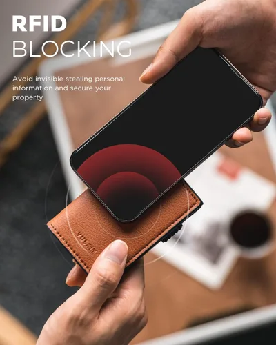Miniatura 5 de VULKIT Cartera minimalista de cuero de grano con protección RFID con capacidad para hasta 10 tarjetas, Litchi Brown, Minimalista