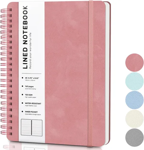 Cuaderno de diario con líneas en espiral, cuaderno A5 de cuero de tapa dura para el trabajo, 5.7''×8.2'', papel grueso de 100GSM encuadernado en
