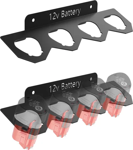Soporte de batería de metal Milwaukee M12, soporte de pared para batería Milwaukee M12 de 12 V, almacenamiento de batería Milwaukee con 4 ranuras,