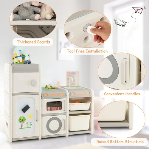 Miniatura 8 de Costzon Organizador de almacenamiento de juguetes para niños, estante multiuso Montessori para juguetes con cajones extraíbles, pizarra blanca