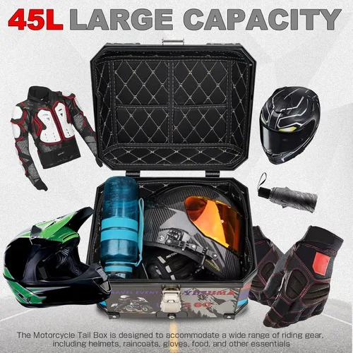 Miniatura 2 de Baúl Superior para Motocicleta, 45L Caja Trasera Universal para Motocicleta, Estilo Graffiti Deportivo Baúl Superior para Motocicleta con Respaldo