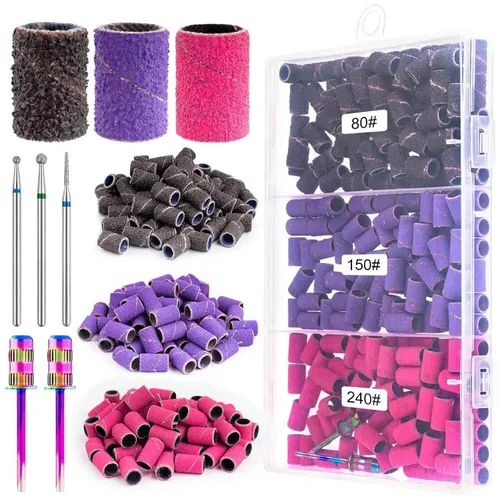 Miniatura 10 de Bandas de lijado para taladro de uñas, 210 unidades, bandas de lijado, brocas gruesas finas #80#150#240 con broca de mandril de 3/32 pulgadas
