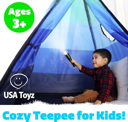 Miniatura 4 de USA Toyz Happy Hut Tienda Tipi para Niños - Tienda de Casa de Juegos Tipi Desplegable Interior para Niños, Niñas, Niños Pequeños con Bolsa de Azul