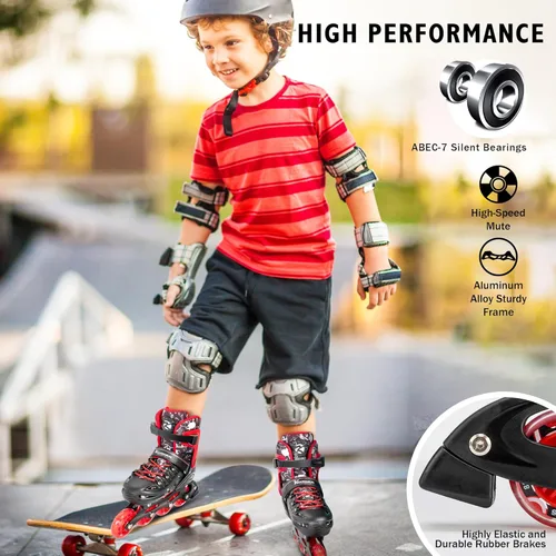 Miniatura 3 de Kuxuan skates Patines en línea ajustables para niños, jóvenes y adultos, patines iluminadores con ruedas iluminadas Rojo