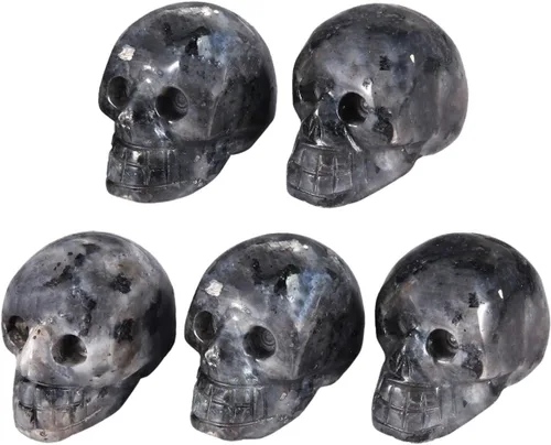 Miniatura 5 de mookaitedecor Juego de 5 esculturas de calavera de cristal de obsidiana Mahagony de 1 pulgada, estatua de piedra preciosa tallada a mano, colección