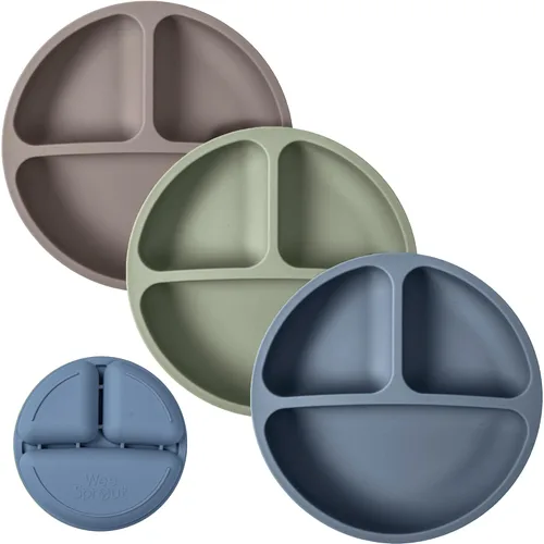 Miniatura 11 de Platos de silicona 100% para niños pequeños Juego de 3 piezas Platos de bebé con división No tóxicos, sin BPA Apto para lavavajillas y Azul